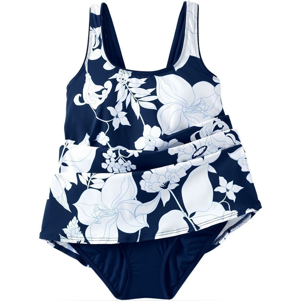 Land's End Plus Standard Size Scoop neck 1 piece deep sea navy white lilies L - Picture 2 of 7